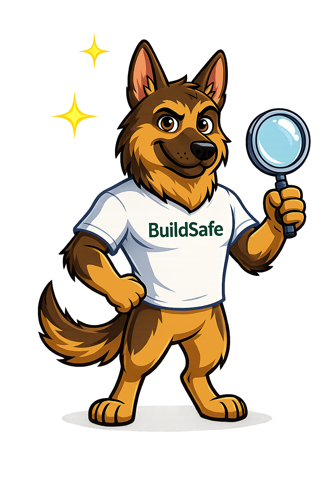 Scout, the BuildSafe German Shepherd investigator, holding a magnifying glass
